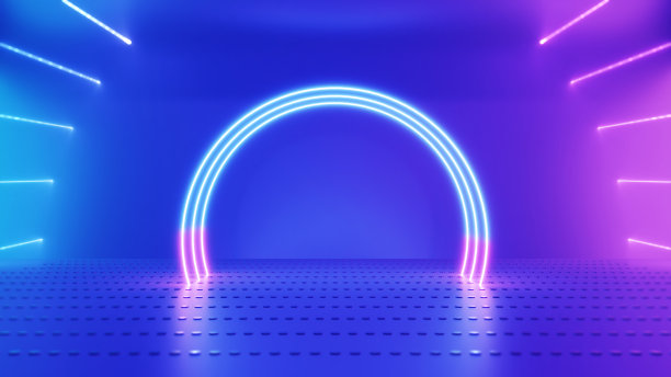 平台展示产品，空舞台，彩色霓虹灯，展示产品的地方，复古风格。科幻风格。3 d渲染图像。图片下载