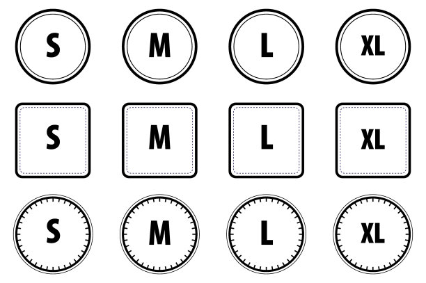 一套简单尺寸的服装标签，孤立或服装面料缎带标签，或服装标签符号的平面风格。每股收益向量图片下载
