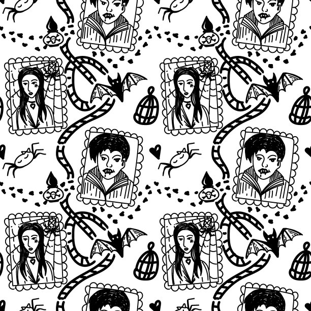 无缝的万圣节元素背景涂鸦风格绘制。吸血鬼，毒药，蝙蝠和蜘蛛的画像。万圣节的节日背景。图片下载