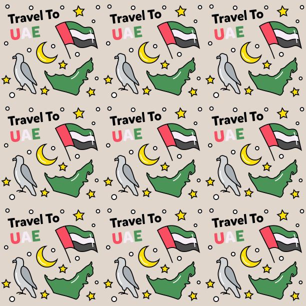 旅行阿联酋涂鸦无缝图案矢量设计。地图，旗帜，树，建筑，都是阿联酋的图标图片下载