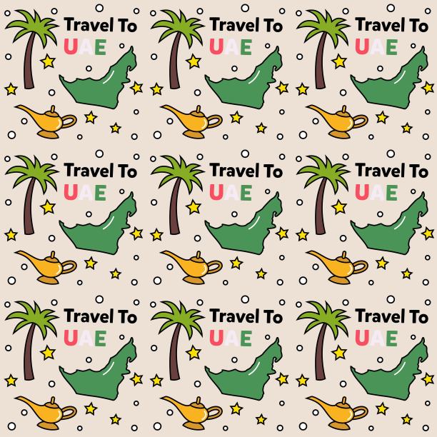 旅行阿联酋涂鸦无缝图案矢量设计。地图，旗帜，树，建筑，都是阿联酋的图标图片下载