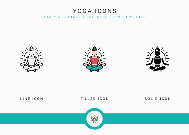 瑜伽图标设置矢量插图与固体图标线风格。冥想能源的概念。图片下载