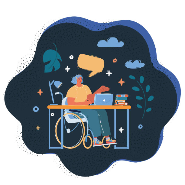 矢量插图残疾妇女工作在一个轮椅上的笔记本电脑图片下载