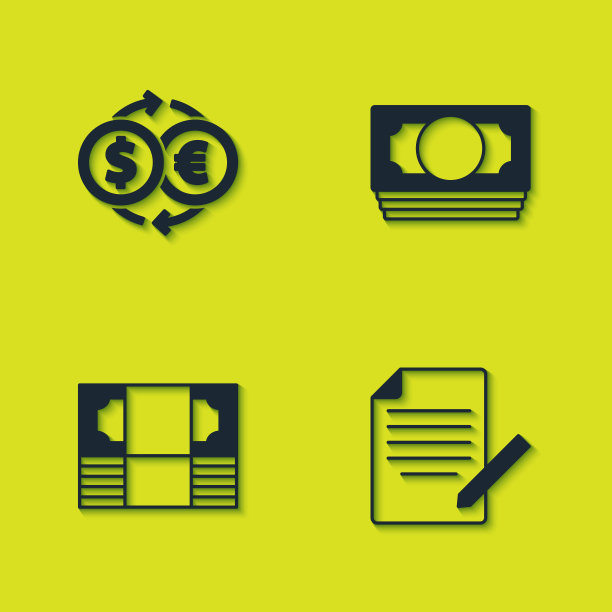 设置货币兑换，文件和笔，叠纸钱现金和图标。向量图片下载