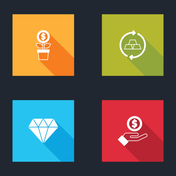 设置美元工厂，金条，钻石和手给钱的图标。向量图片下载