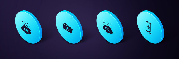 在移动设备中设置等距飞行模式，二氧化碳排放云，文件夹上传和甲烷减少图标。向量图片下载