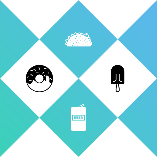 设置甜甜圈，啤酒罐，玉米卷饼和冰淇淋图标。向量图片下载