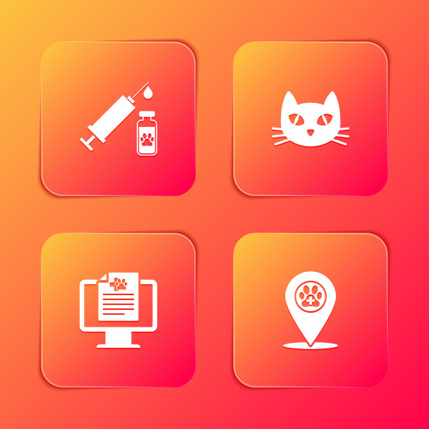 设置注射器与宠物疫苗，猫，临床记录监测和定位兽医图标。向量图片下载