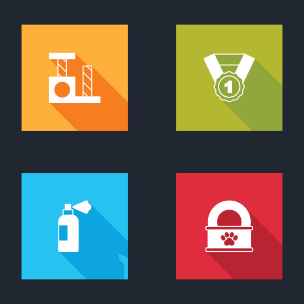 设置猫抓贴，狗奖标志，宠物洗发水和罐头图标。向量图片下载