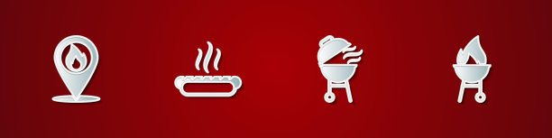 设置位置火焰，热狗三明治，烧烤烧烤和图标。向量图片下载