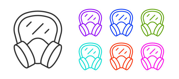 黑色线条防毒面具图标孤立在白色背景上。呼吸器的迹象。设置图标丰富多彩。向量图片下载