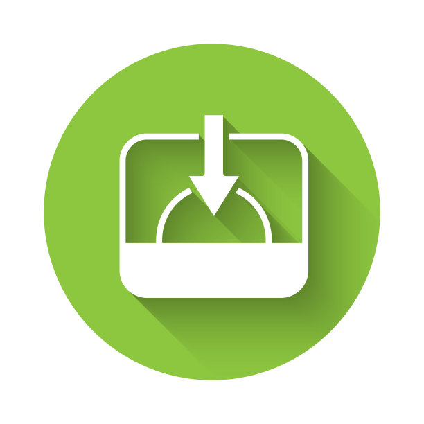 白色日落图标孤立与长阴影背景。绿色圆圈按钮。向量图片下载