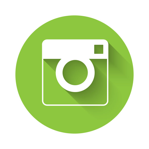 白色照片相机图标孤立与长阴影。与相机。数码摄影。绿色圆圈按钮。向量图片下载