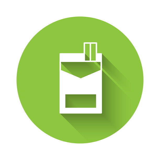 白色香烟包装盒图标孤立与长阴影背景。香烟包装。绿色圆圈按钮。向量图片下载