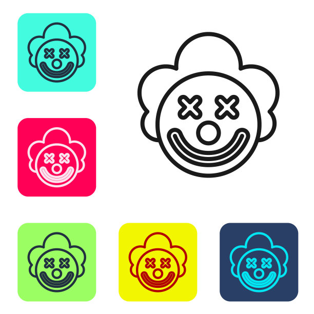 黑色线小丑头图标孤立在白色背景上。设置彩色方块按钮图标。向量图片下载
