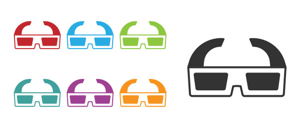 黑色3D电影眼镜图标孤立在白色背景。设置图标丰富多彩。向量图片下载