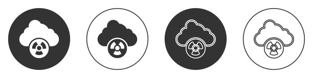 黑色酸雨和放射性云图标孤立在白色背景上。有毒空气污染对环境的影响。圆按钮。向量图片下载