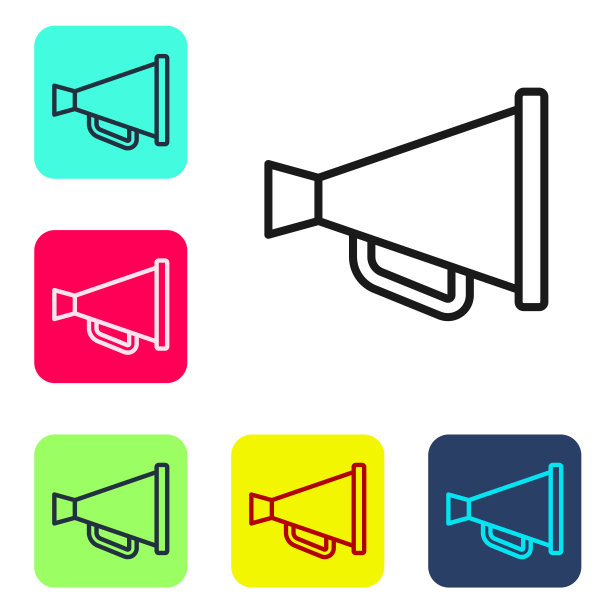 黑线扩音器图标孤立在白色背景上。演讲者的迹象。设置彩色方块按钮图标。向量图片下载