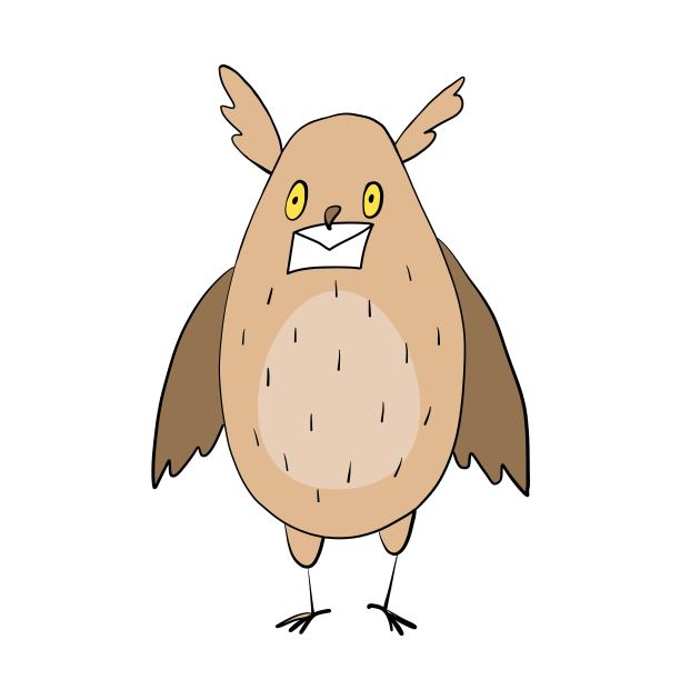 猫头鹰邮差手里拿着一封信。鸟和邮件孤立在白色背景上。有趣的插图在手绘风格。图片下载