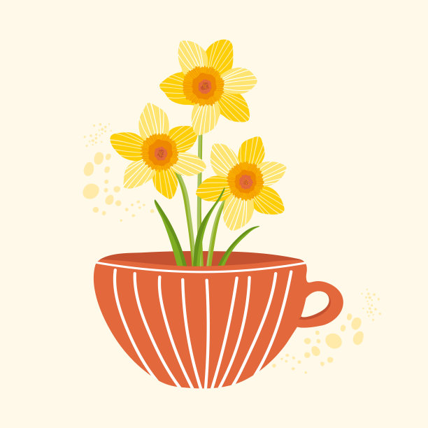 美丽的春天水仙花。水仙花花束在杯中。海报设计，明信片，横幅。手绘矢量插图。图片下载