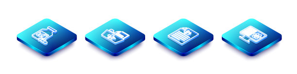 在监视器图标上设置等距线狗药瓶和药丸，医学兽医记录文件夹，狗猫和临床宠物证书。向量图片下载