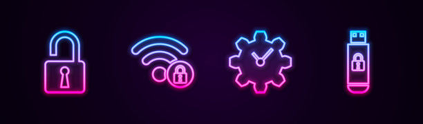设置线打开挂锁，Wifi锁定，时间管理和USB闪存驱动器。发光的霓虹灯图标。向量图片下载