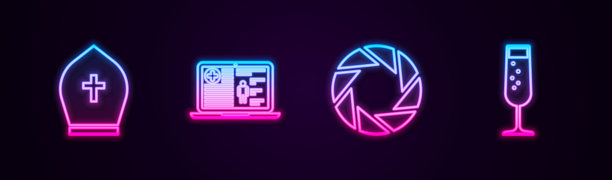 设置行蒲柏帽，医疗临床记录，相机快门和玻璃香槟。发光的霓虹灯图标。向量图片下载