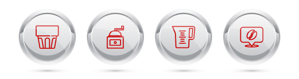 设置线玻璃与水，手动咖啡研磨机，壶玻璃和定位豆。银圈按钮。向量图片下载