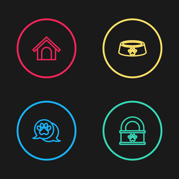 设置线爪印，罐头食品，宠物碗和狗屋图标。向量图片下载