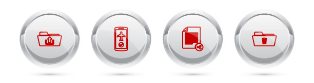 在移动端设置文件夹上传、飞行模式、共享文件和删除文件夹。银圈按钮。向量图片下载