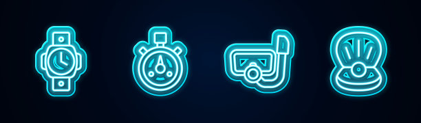 潜水表，秒表，带通气管和珍珠的面罩。发光的霓虹灯图标。向量图片下载