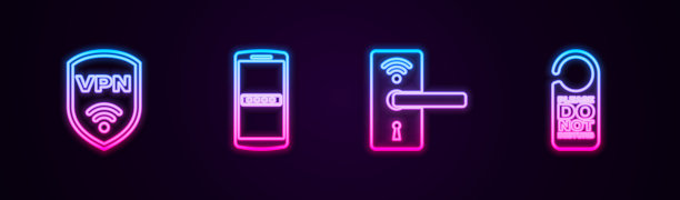设置有VPN无线线路屏蔽，移动和密码，数字门锁和请勿打扰。发光的霓虹灯图标。向量图片下载