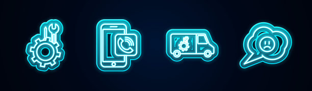 设置线扳手和螺丝刀在齿轮，手机电话，汽车服务和语音气泡带着悲伤的微笑。发光的霓虹灯图标。向量图片下载