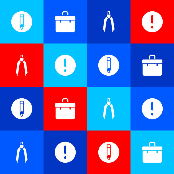 设置铅笔，公文包，绘图指南针和演讲气泡和感叹号图标。向量图片下载