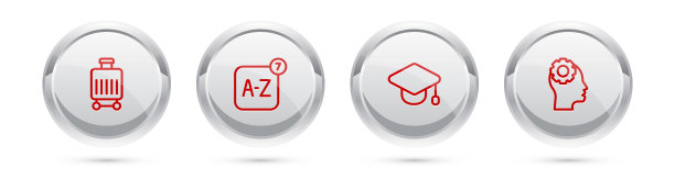设置在线手提箱，在线翻译，毕业帽和头内齿轮。银圈按钮。向量图片下载