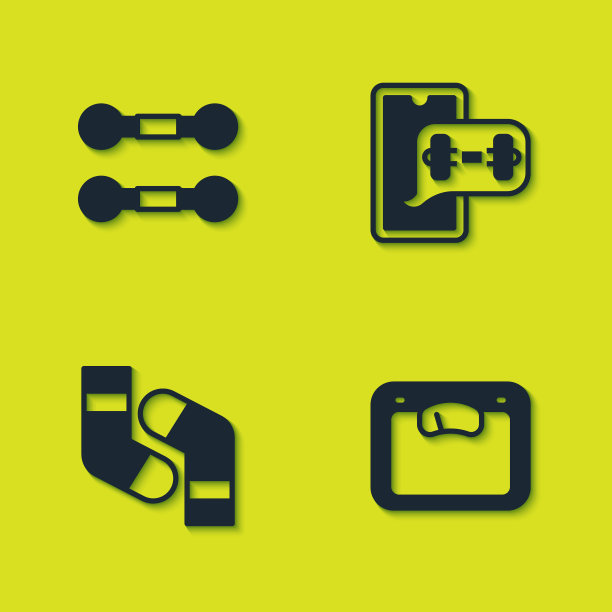 设置哑铃，浴室秤，袜子和健身应用程序图标。向量图片下载