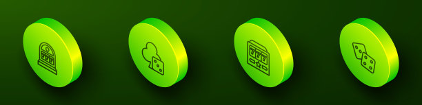 设置等距线老虎机与头奖，游戏骰子，和图标。向量图片下载