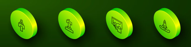 设置等距线舞台站或论坛，，训练，演示和火箭图标。向量图片下载