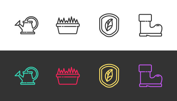 设置线喷壶，新鲜草矩形，盾叶和防水橡胶靴黑白。向量图片下载