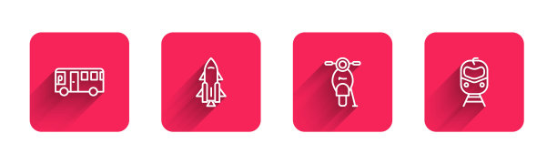 集巴士、火箭船与火、滑板车、火车与长影铁路于一体。红场按钮。向量图片下载