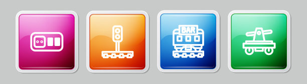 设置线路电源插座、列车交通灯、餐厅列车、排水渠或手车。丰富多彩的广场按钮。向量图片下载