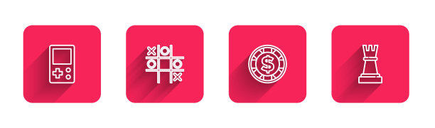 设置线路俄罗斯方块，Tic tac toe游戏，赌场筹码与美元和国际象棋与长影子。红场按钮。向量图片下载