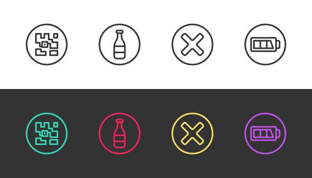 设置行QR码，瓶，X标记，十字圈和电池在黑白。向量图片下载