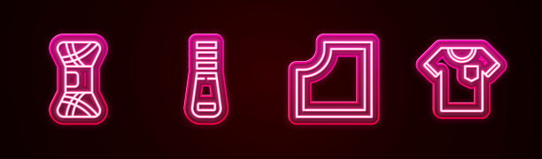 集线纱，拉链，缝纫图案，t恤。发光的霓虹灯图标。向量图片下载