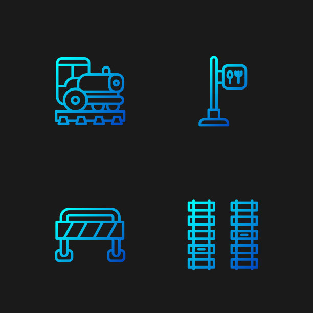 设置铁路线路，铁路轨道，道路护栏，老式机车和咖啡馆和餐厅的位置。渐变颜色图标。向量图片下载