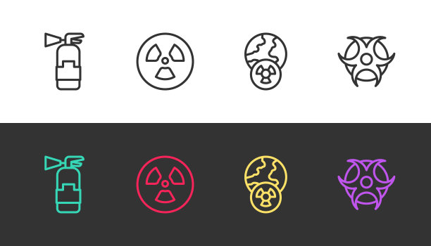 将灭火器、放射性、地球和辐射及生物危害标志用黑白字体标示。向量图片下载