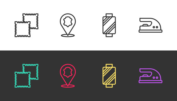 可设置纺织织物卷，皮革，线轴上的缝纫线，黑色和白色的电熨斗。向量图片下载