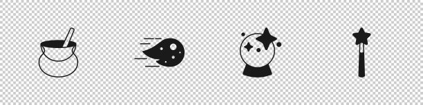 设置女巫坩埚，火球，魔法和魔杖图标。向量图片下载