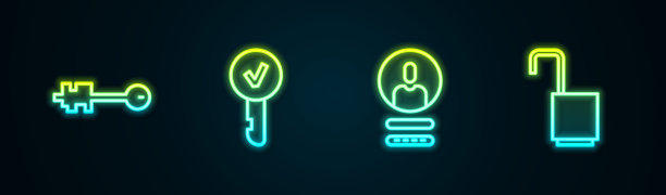 设置线路“旧键”、“键”、“创建帐户界面”、“打开挂锁”。发光的霓虹灯图标。向量图片下载