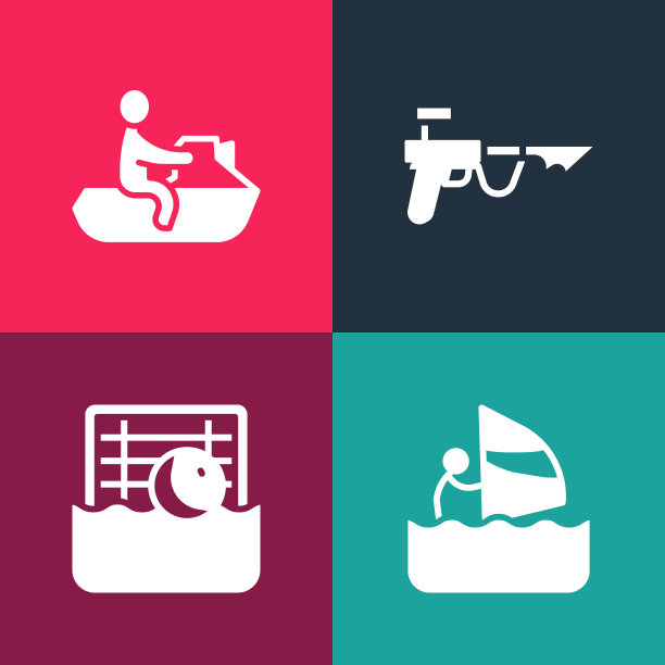 集流行艺术风帆冲浪，水球，鱼叉和水上摩托车的图标。向量图片下载